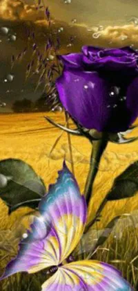 This phone live wallpaper displays a digital rendering of a purple rose atop a lush green field, created with romanticism in mind