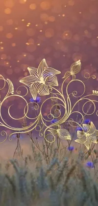 This phone live wallpaper features a stunning digital art image of intricate golden filigree clematis flowers in a field