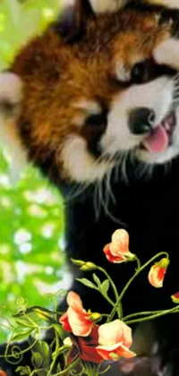 This dynamic phone live wallpaper showcases a digital rendering of a cute red panda perched in a tree, surrounded by vibrant flowers that add a cheerful touch to your screen