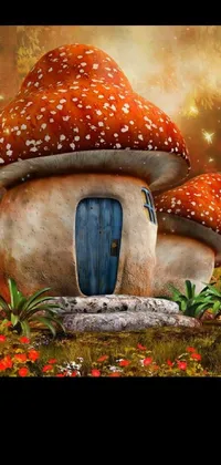Experience the whimsical charm of a mushroom house in the heart of a lush forest with this digital art live wallpaper