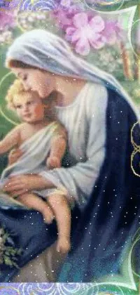 This stunning live wallpaper depicts an exquisite painting of a woman holding a child on her lap and cradling a flower