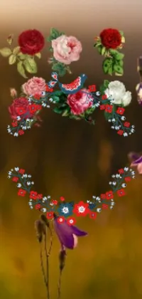 This phone live wallpaper depicts a heart-shaped bouquet of flowers in a captivating, botanical design