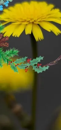 This live wallpaper for your phone features an ultra-detailed digital art design of a bird perched on a yellow flower