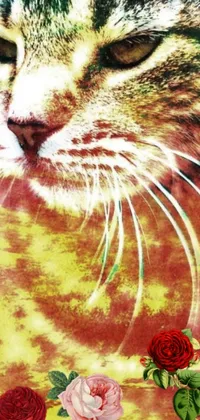 This live wallpaper features a stunning digital painting of a close-up of a cat with roses adorning its face and a red haze in the background