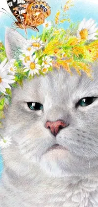 This live wallpaper showcases a beautiful white silver feline with a vibrant flower crown on its head