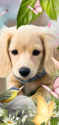 This live wallpaper showcases a photorealistic digital painting of a dachshund dog surrounded by vibrant flowers and butterflies