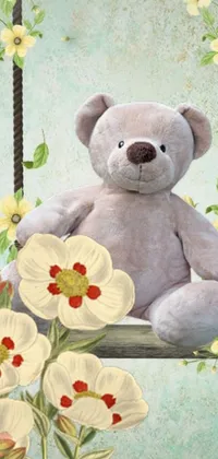 Discover a charming live wallpaper for your phone featuring a cute teddy bear on a swing with a beautiful flower garden