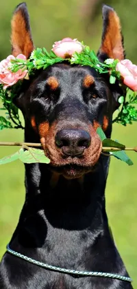 This phone live wallpaper features a doberman with a flower crown and a variety of pink and white flowers
