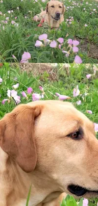 This phone wallpaper depicts a friendly brown Labrador sitting amidst a colorful field of delicate flowers