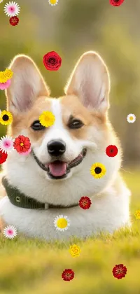 This phone live wallpaper features an ultra-wide shot of a photorealistic corgi laying in grass with a radiant smile