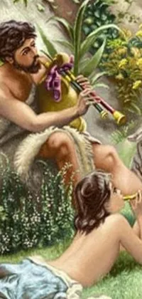 Discover a stunning live phone wallpaper of a breathtaking painting featuring a man and woman playing flute in a garden of eden