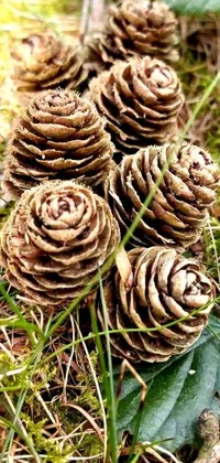 This phone wallpaper showcases a stunning macro photograph of a group of pine cones, set against a natural background
