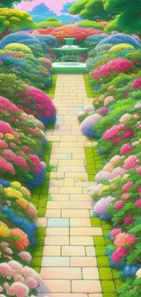 This phone  live wallpaper displays a digital painting of a beautiful garden full of flowers, foot path, and butterflies