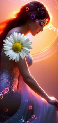 This live wallpaper for phones showcases a digital painting of a woman with a flower in her hair