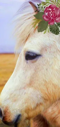 This phone live wallpaper features a beautiful horse with extremely pale blond hair and a delicate flower on its head