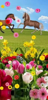 Brighten up your phone home screen with this stunning live wallpaper which features a vase filled with spring flowers and a powerful horse galloping across a meadow