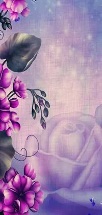 Decorate your phone screen with a stunning live wallpaper featuring a purple rose and purple flowers in a mesmerizing painting by Lisa Frank
