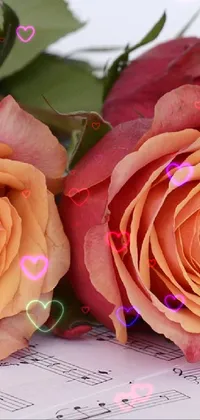 This live phone wallpaper features a stunning arrangement of pink and orange roses resting atop sheet music