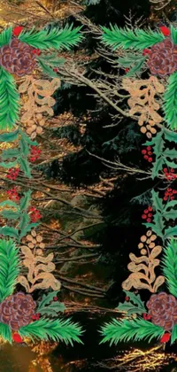 This creative and colorful phone live wallpaper features a festive Christmas wreath with pine cones and berries, placed on a textured album cover