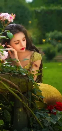 This stunning live wallpaper features a beautiful woman sitting atop a lush green field with creeping ivy and delicate roses in her hair