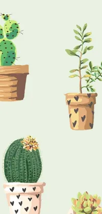 This phone live wallpaper showcases a beautiful digital painting of a minimalistic arrangement of potted plants - cacti and flowers - on a wooden table