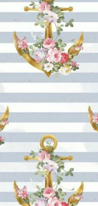 Introducing a stunning live phone wallpaper that features a blue and white striped design with a beautiful anchor and floral motif