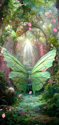 This phone live wallpaper features a captivating digital art of a butterfly in an idyllic garden