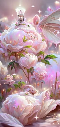 Looking for a magical live wallpaper for your phone? Check out this beautiful digital art of a fairy sitting on top of flowers, surrounded by peonies and glowing butterflies