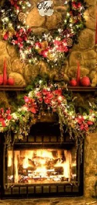 This phone live wallpaper showcases a warm and cozy living room, complete with beautiful Christmas decorations and a flickering fireplace