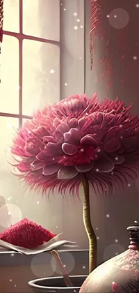 This phone live wallpaper features a vase with a giant pink chrysanthemum next to a window