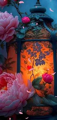 This phone live wallpaper features a beautifully designed lantern adorned with pink flowers