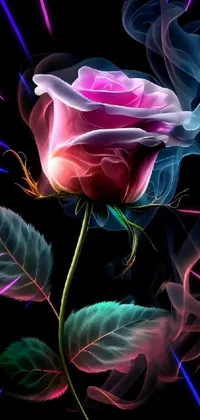 This lively live wallpaper for your phone features a digital art design of a vibrant pink rose with smoke emanating from its petals