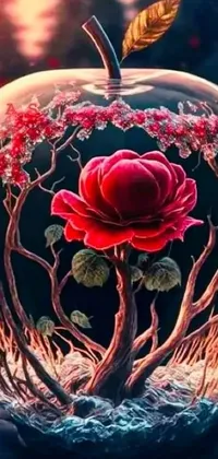 This fantastical live wallpaper is a digital art masterpiece, featuring a striking glass apple with a delicate rose nestled inside