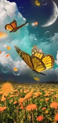 This phone live wallpaper features a serene scene of two graceful butterflies hovering over a field of colorful flowers