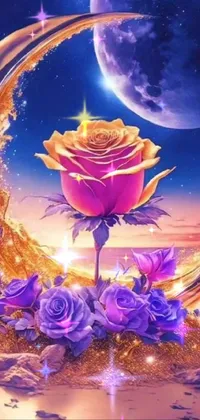 This live wallpaper features a stunning purple rose delicately balanced on a golden crescent against a backdrop of colorful flowers in a vibrant explosion
