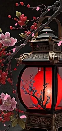 This phone live wallpaper features a stunning red lantern sitting on a tree branch surrounded by Japanese flower arrangements
