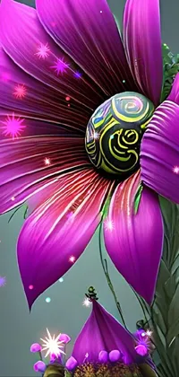 This live wallpaper features a stunning digital art composition depicting a vibrant purple flower sitting on a green vase against a black background