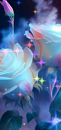 This live wallpaper features a beautiful digital art of two white roses in an airbrush art style