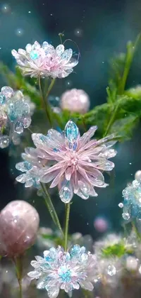 The magnificent phone live wallpaper showcases a breathtaking bouquet of water-droplet adorned flowers surrounded by surreal and mystical plants, animated with shimmering and color-changing crystals