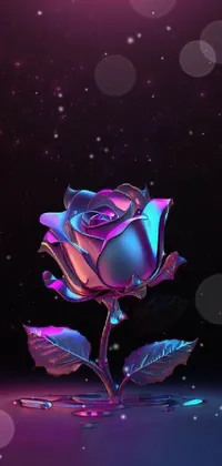 The eye-catching phone live wallpaper boasts a gorgeous purple rose on a table against a stunning dark background of several holographic designs
