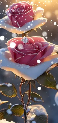 This stunning phone live wallpaper features two pink roses sitting on top of a snow-covered ground, making it one of the best mobile wallpapers out there