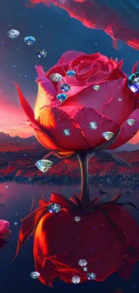 This phone live wallpaper showcases a mesmerizing pink rose on a serene water body