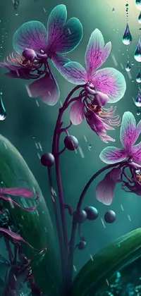 This phone live wallpaper showcases a close-up view of a colorful flower with water droplets