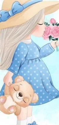 Enjoy an adorable phone live wallpaper featuring a charming digital art scene of a little girl in a blue dress holding her beloved teddy bear