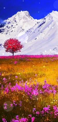 This phone live wallpaper showcases a beautiful digital painting featuring a field of vibrant flowers and a snow-covered mountain in the background