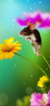 This phone live wallpaper features a charming mouse atop a colorful flower