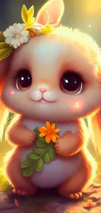 Looking for an adorable and charming live wallpaper for your phone? Look no further than this cute bunny with a flower in its hair! This digital painting features a sweet single animal with big eyes and a smile, set in a background of soft bushes and grass
