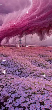 This vibrant live wallpaper showcases a field of colorful purple flowers set under a cloudy and atmospheric sky