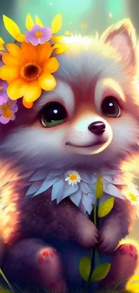 This phone wallpaper showcases an adorable digital painting of a small dog with a floral adornment