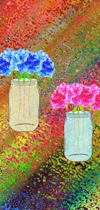 This phone live wallpaper is a digital rendering of two mason jars filled with beautiful flowers in a flower bed